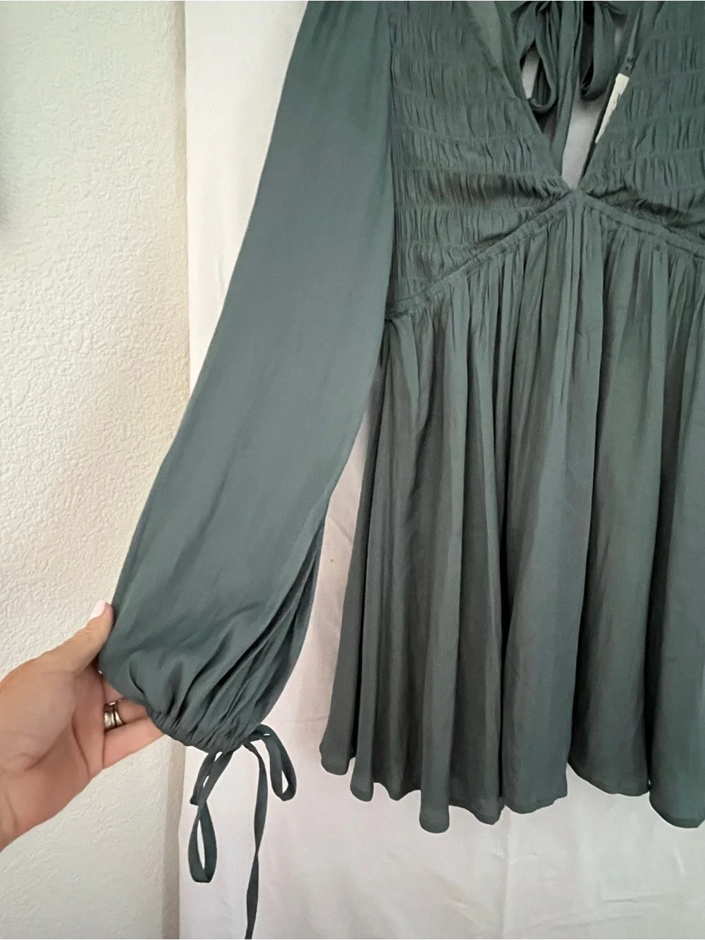 Mustard seed brand,Smocked V-Neck Long Sleeve Dress in Sage Green - Picture 4 of 5